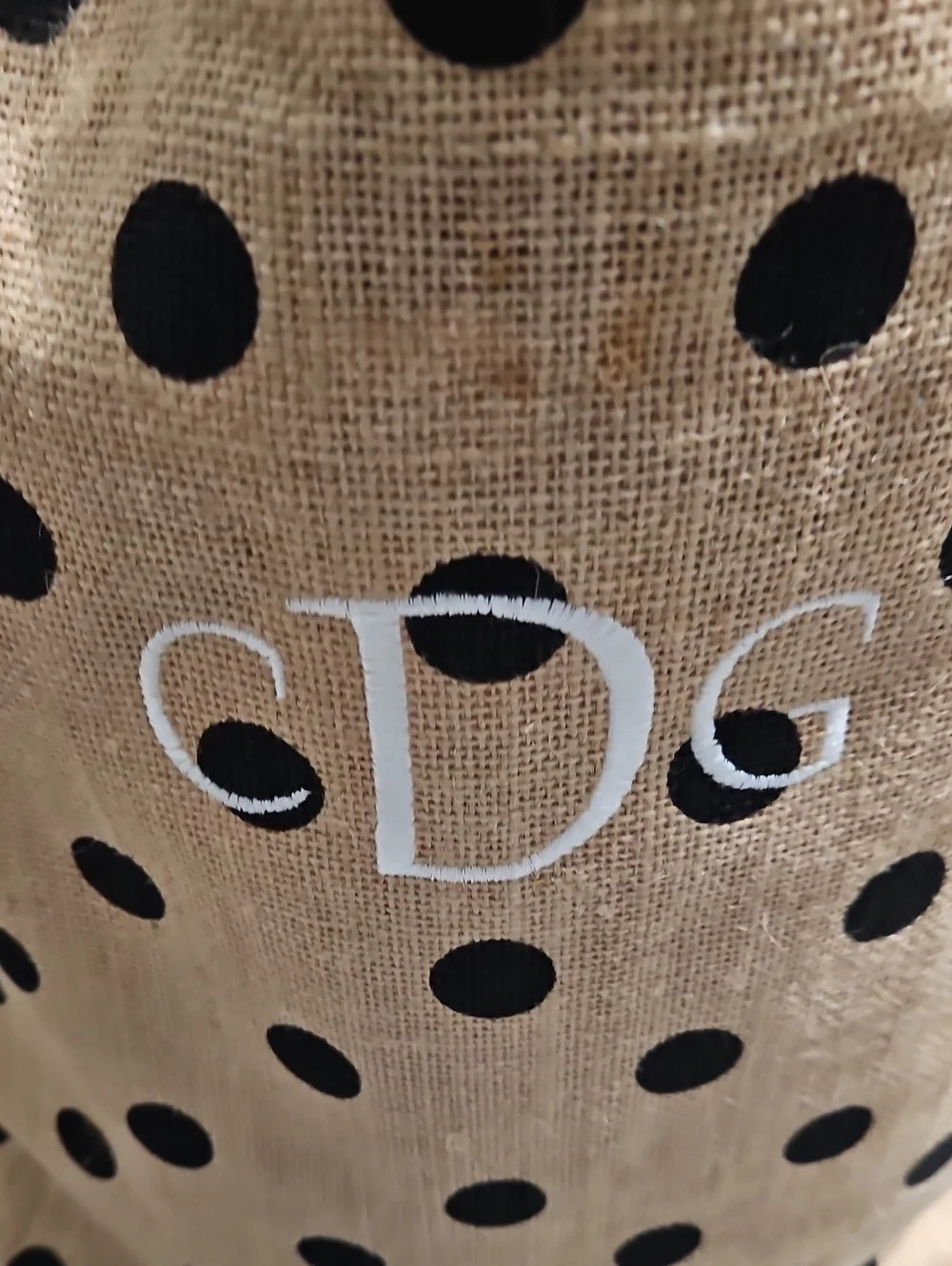 Monogrammed Polka Dot Natural Jute Tote with Black Handles
